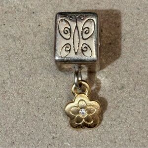 Brighton Mariposa cube bead Silver Engraved butterfly Gold flower dangle Retired